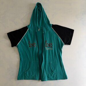 Bebe Sports Full Zip Hooded Baseball Style Short Sleeve Top